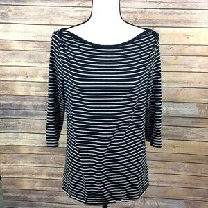 Ann Taylor Knit Top Women M 3/4 Sleeve Navy & White Stripe Wide Neck